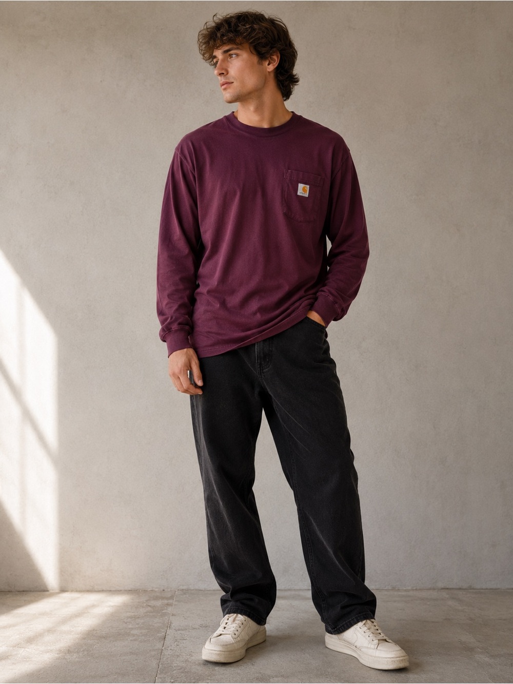 Carhartt Long Sleeve Pocket T-Shirt Relaxed Fit 100% Cotton Burgundy Size Large